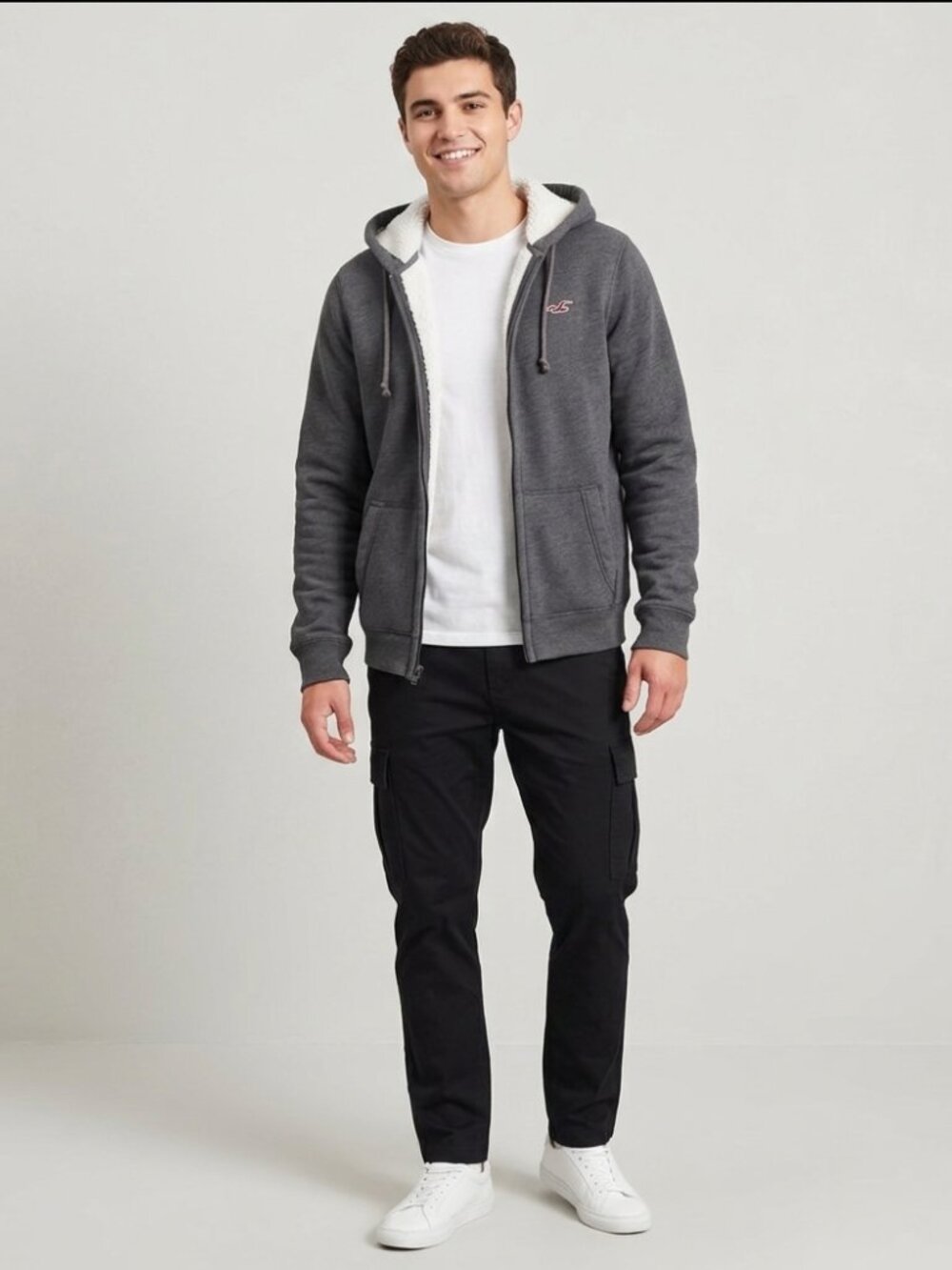 Hollister Men’s Jersey Fleece Lined Zip Up Hoodie Jacket Gray M Sherpa Lined